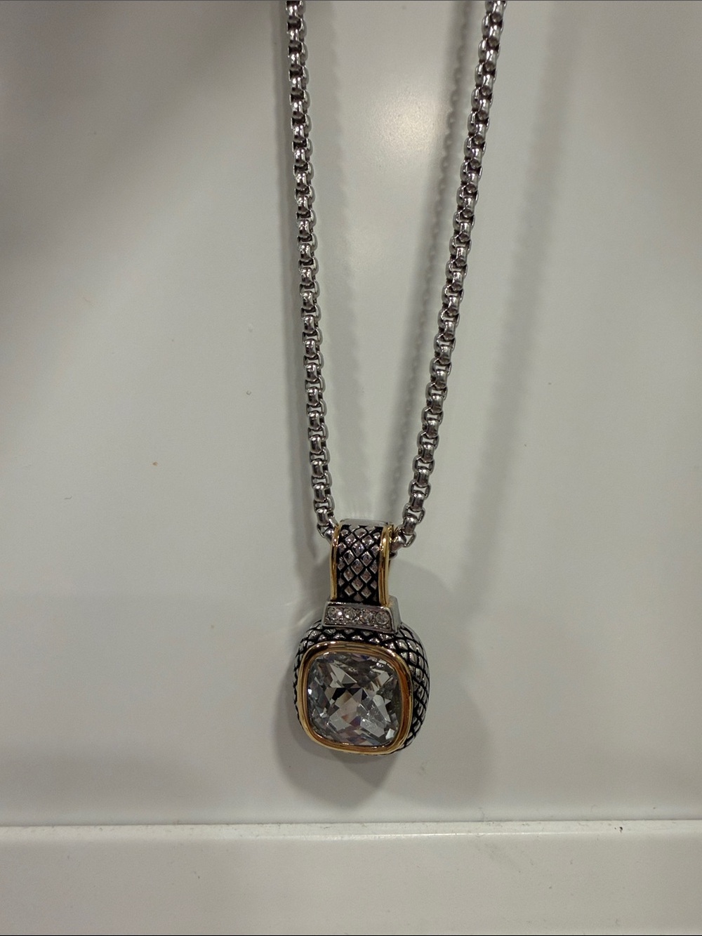 DSMK Clear Crystal Pendant Necklace with Stainless steel Chain and Gold Accents